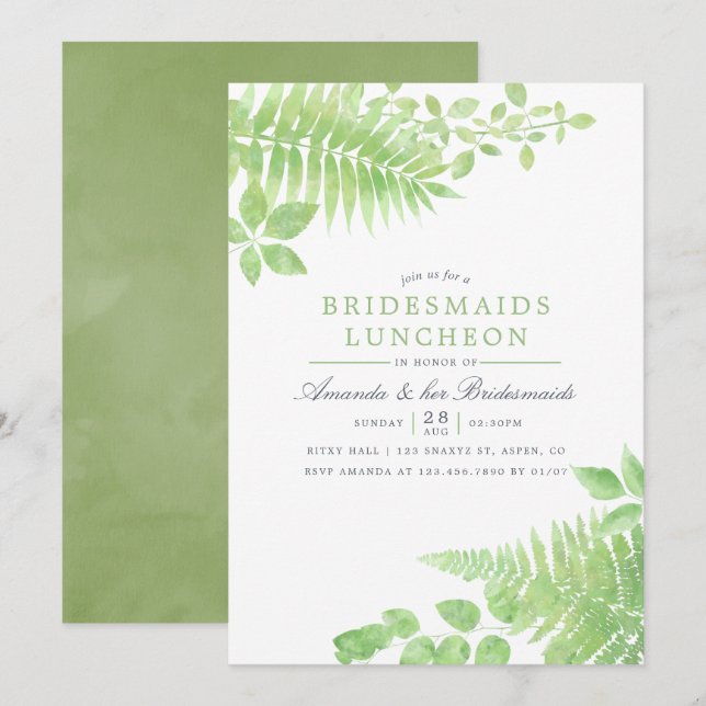 Watercolor Greenery Foliage Bridesmaids Luncheon Invitation (Front/Back)