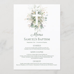 Watercolor Greenery Foliage Cross Baptism Menu
