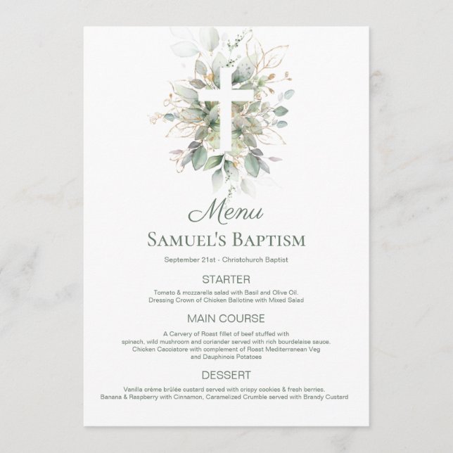 Watercolor Greenery Foliage Cross Baptism Menu (Front)