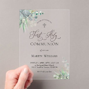 watercolor greenery foliage   First Communion  Acrylic Invitations