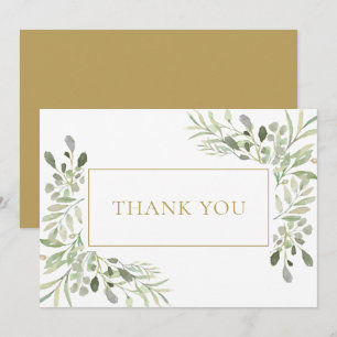 Watercolor Greenery Foliage Gold Thank You Card