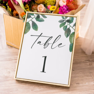 Watercolor greenery foliage. Green script wedding Table Number