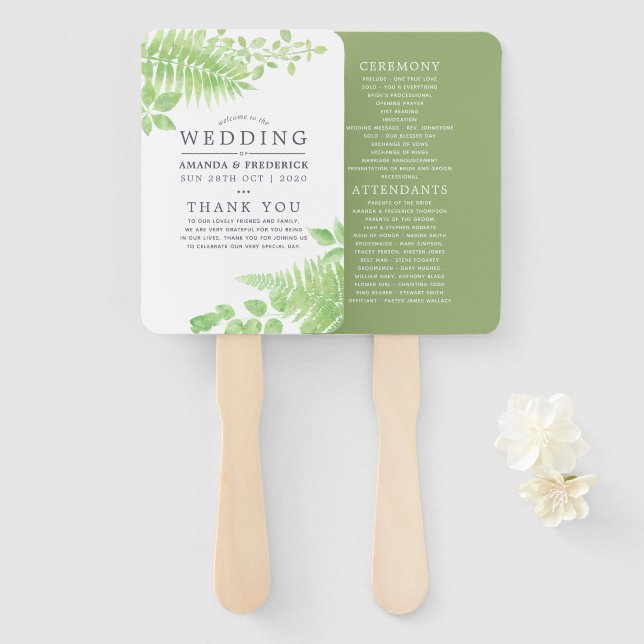 Watercolor Greenery Foliage Wedding Program Hand Fan (Front and Back)