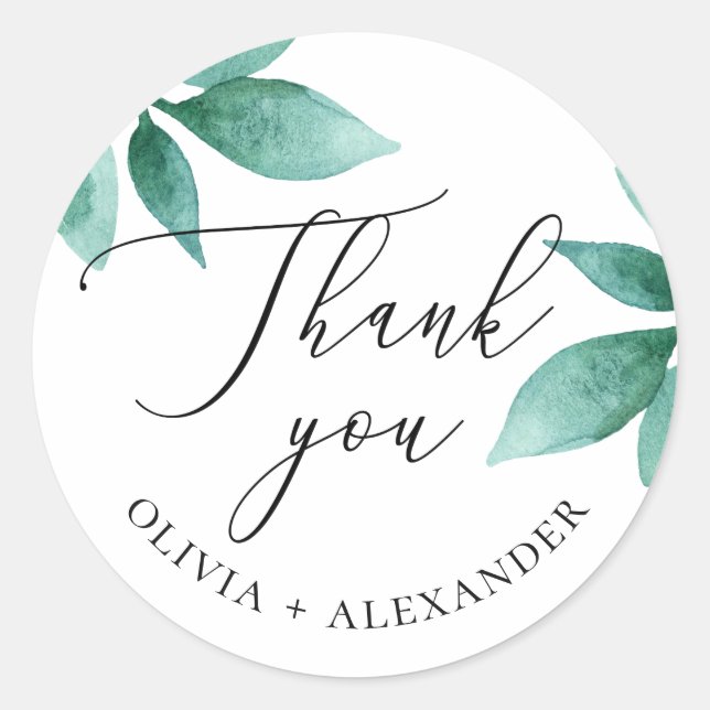 Watercolor greenery foliage wedding thank you classic round sticker (Front)