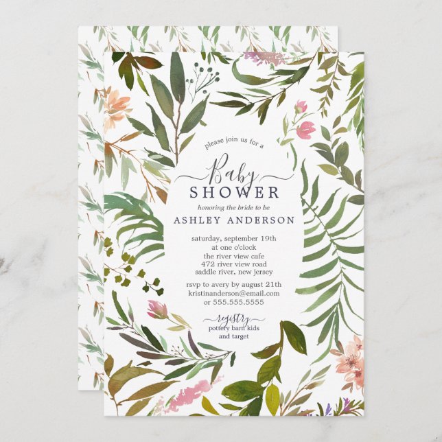 Watercolor Greenery Frame Botanical Baby Shower Invitation (Front/Back)