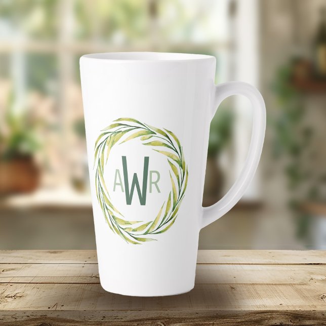 Watercolor Greenery Frame Monogram ID667 Latte Mug (Creator Uploaded)