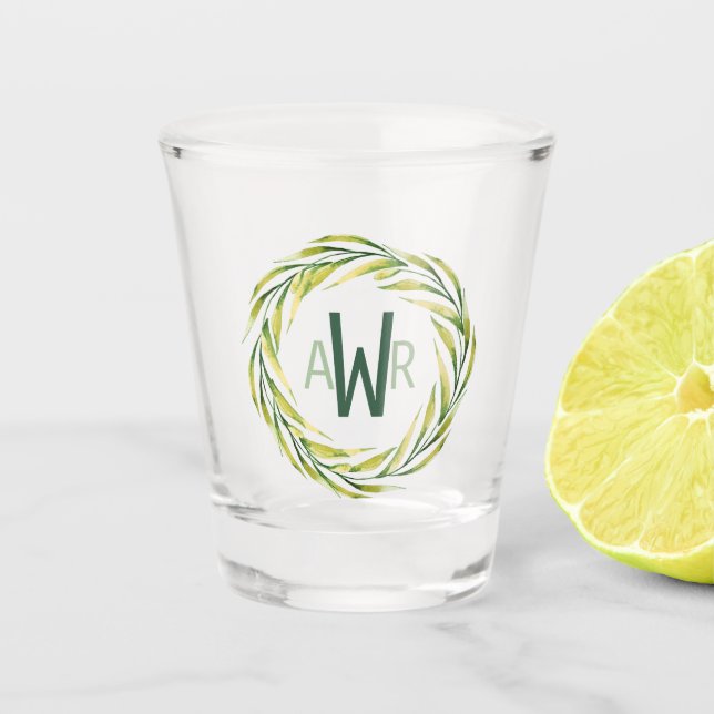 Watercolor Greenery Frame Monogram ID667 Shot Glass (Front)