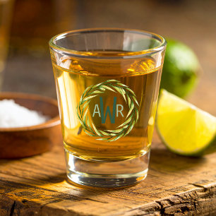 Watercolor Greenery Frame Monogram ID667 Shot Glass
