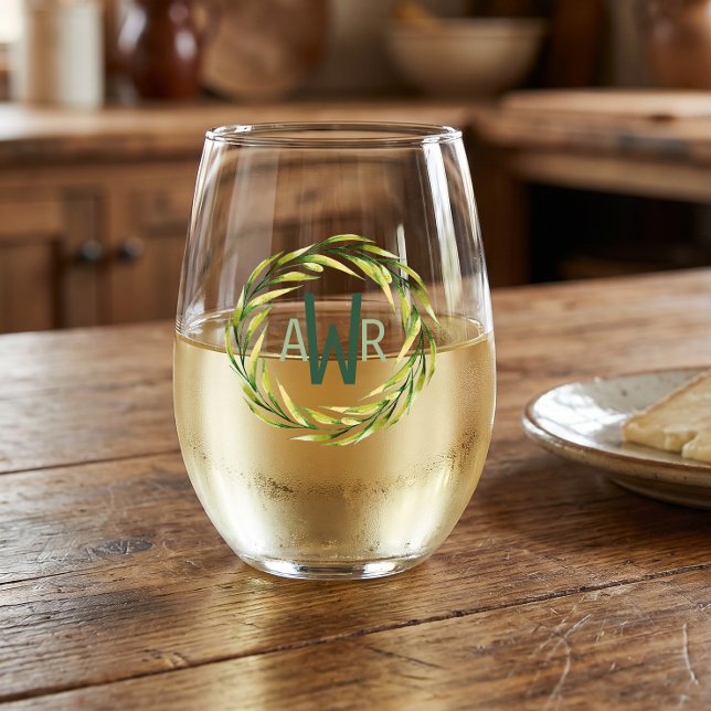 Watercolor Greenery Frame Monogram ID667 Stemless Wine Glass (Creator Uploaded)