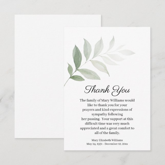 Watercolor Greenery Funeral Thank You Card (Front/Back)