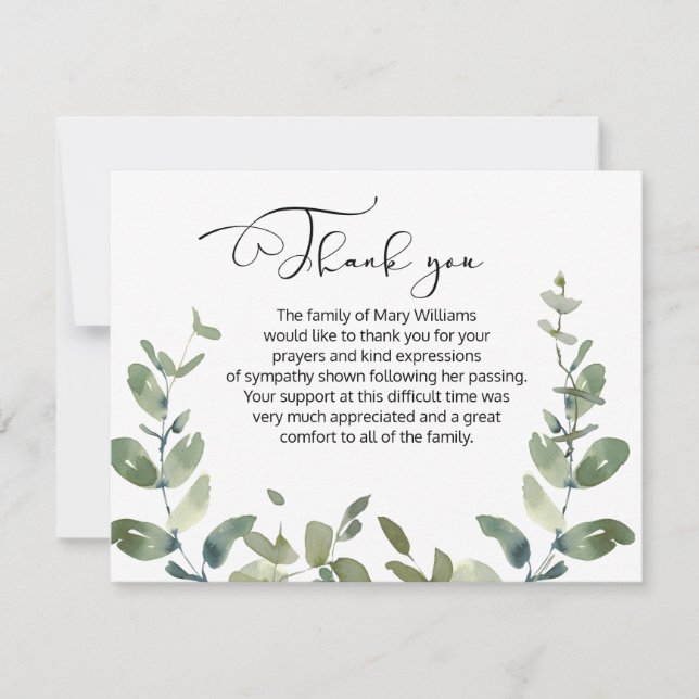 Watercolor Greenery Funeral Thank You Note Card (Front)
