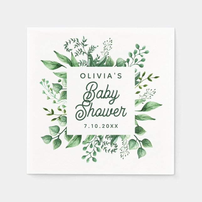 Watercolor greenery garden botanical baby shower napkin (Front)