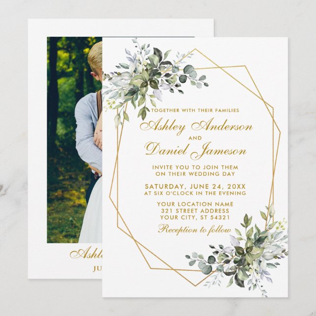 Watercolor Greenery Geo Frame Photo Gold Wedding Invitation (Front/Back)