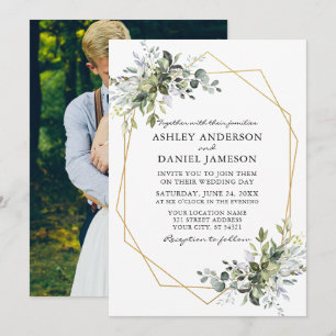 Watercolor Greenery Geo Frame Wedding Photo Back Invitation