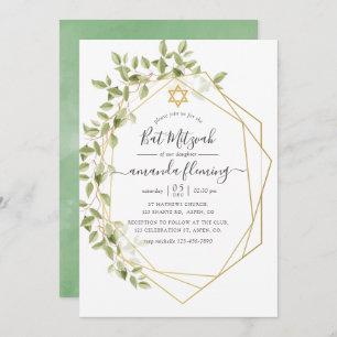 Watercolor Greenery Geometric Bat Mitzvah Invitation