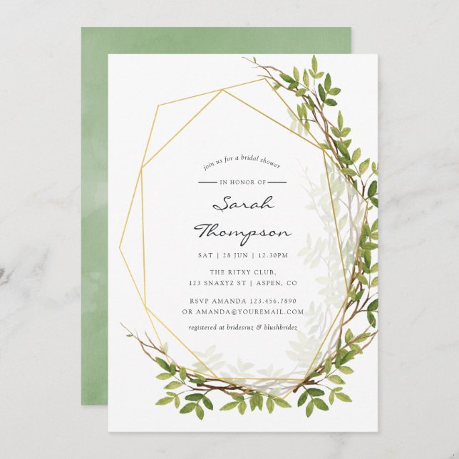 Watercolor Greenery Geometric Bridal Shower Invite (Front/Back)
