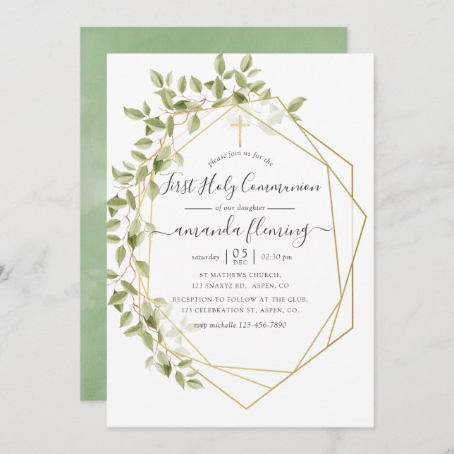 Watercolor Greenery Geometric First Holy Communion Invitation (Front/Back)
