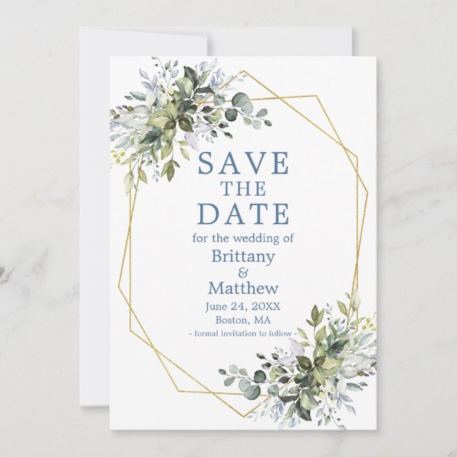 Watercolor Greenery Geometric Frame Dusty Blue Save The Date (Front)