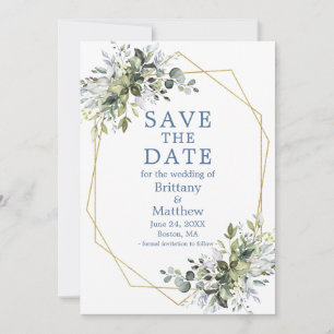 Watercolor Greenery Geometric Frame Dusty Blue Save The Date