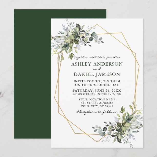 Watercolor Greenery Geometric Frame Wedding Invitation (Front/Back)