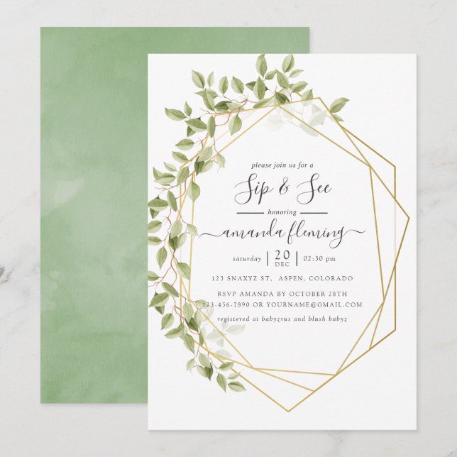 Watercolor Greenery Geometric Sip and See Invitation (Front/Back)