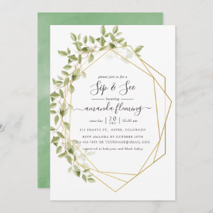 Watercolor Greenery Geometric Sip and See Invitation