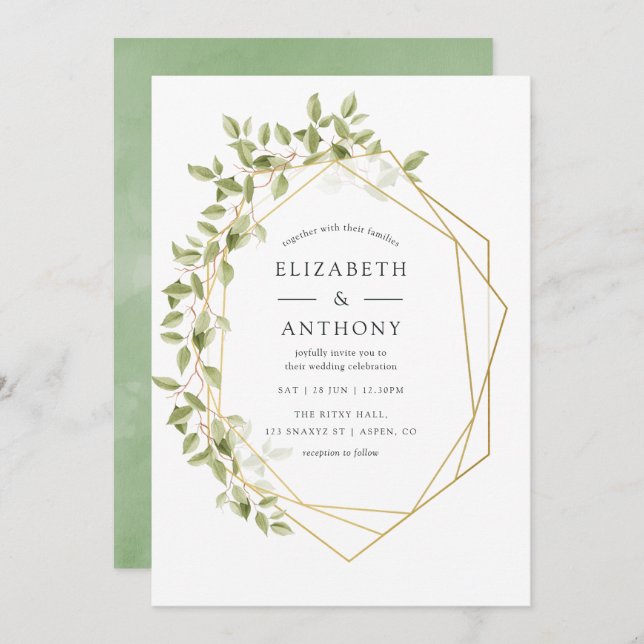 Watercolor Greenery Geometric Wedding Invitation (Front/Back)
