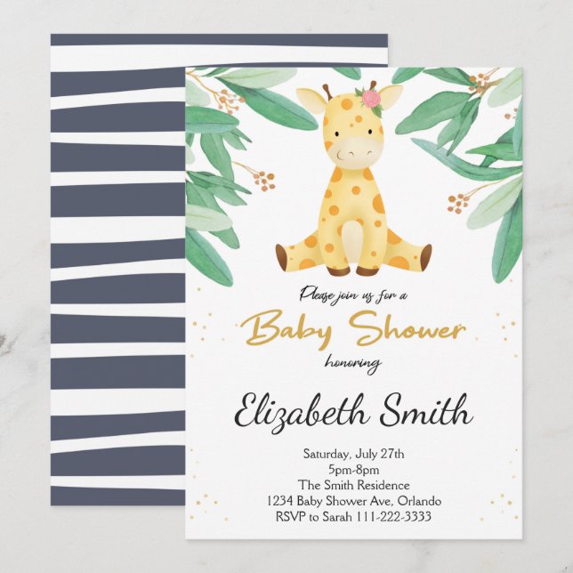 Watercolor Greenery Giraffe Baby Shower Invite (Front/Back)