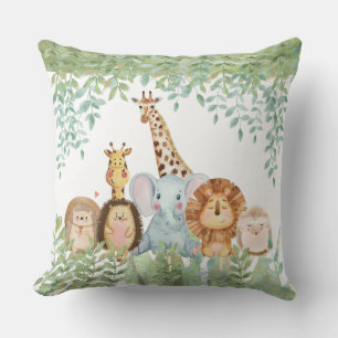 Watercolor greenery giraffe newborn safari nursery throw pillow