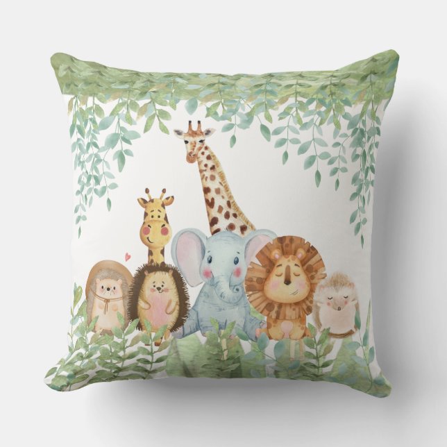 Watercolor greenery giraffe newborn safari nursery throw pillow (Front)