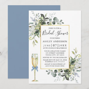  Watercolor Greenery Glass Dusty Blue Shower Invitation