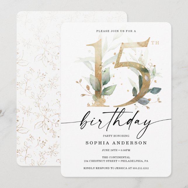 Watercolor Greenery Gold 15th Birthday Party Invitation (Front/Back)