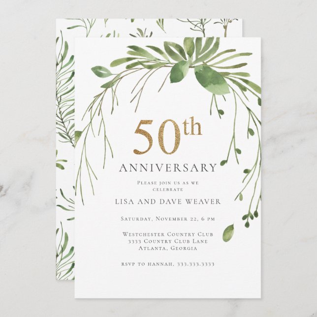 Watercolor Greenery Gold 50th Anniversary Invitation (Front/Back)