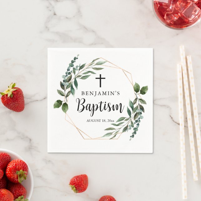Watercolor Greenery Gold Baptism Napkins (Insitu)