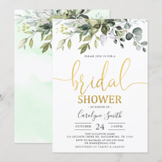 Watercolor Greenery Gold Bridal Shower Invitation