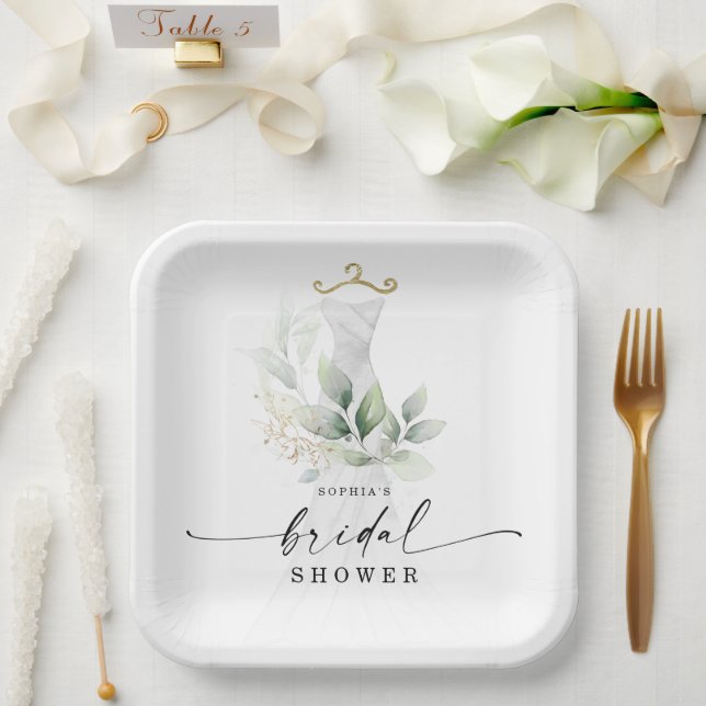 Watercolor Greenery Gold Bridal Shower Paper Plate (Wedding)