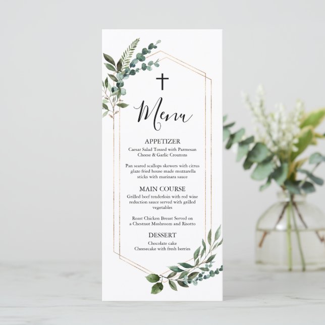 Watercolor Greenery Gold Cross Baptism Menu (Standing Front)
