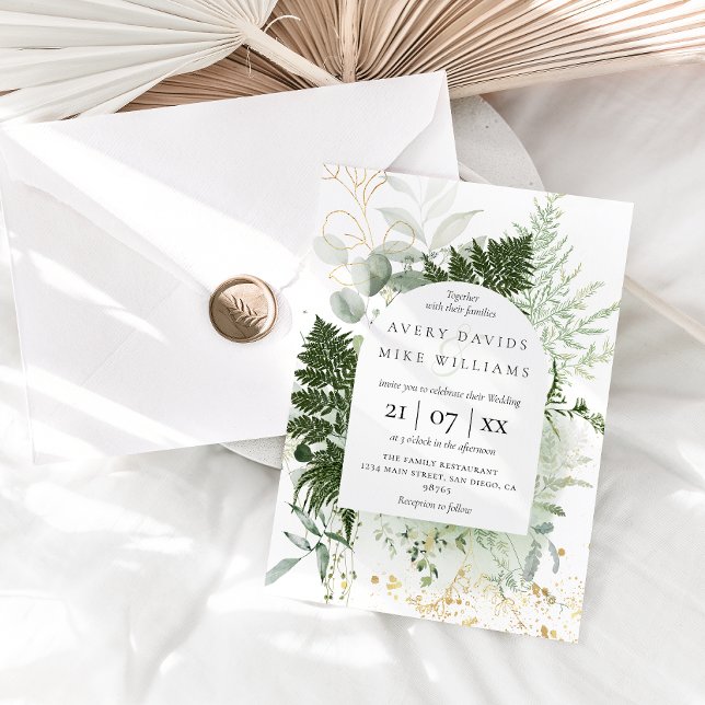 Watercolor Greenery & Gold Elegant Wedding  Invitation (Creator Uploaded)