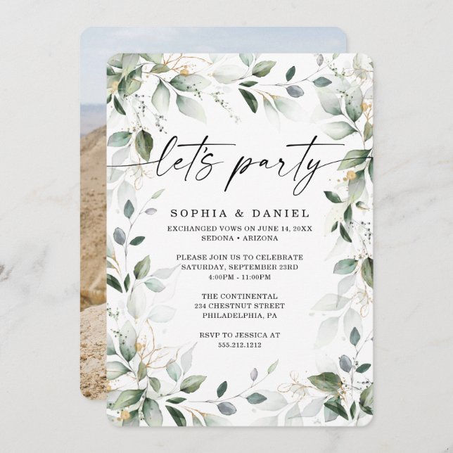 Watercolor Greenery Gold Elopement Celebration Invitation (Front/Back)
