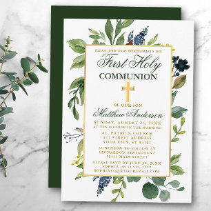 Watercolor Greenery Gold First Holy Communion Invitation