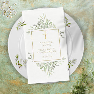 Watercolor Greenery Gold First Holy Communion Napkin
