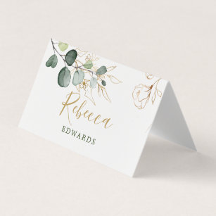 Watercolor Greenery, Gold Floral Place card