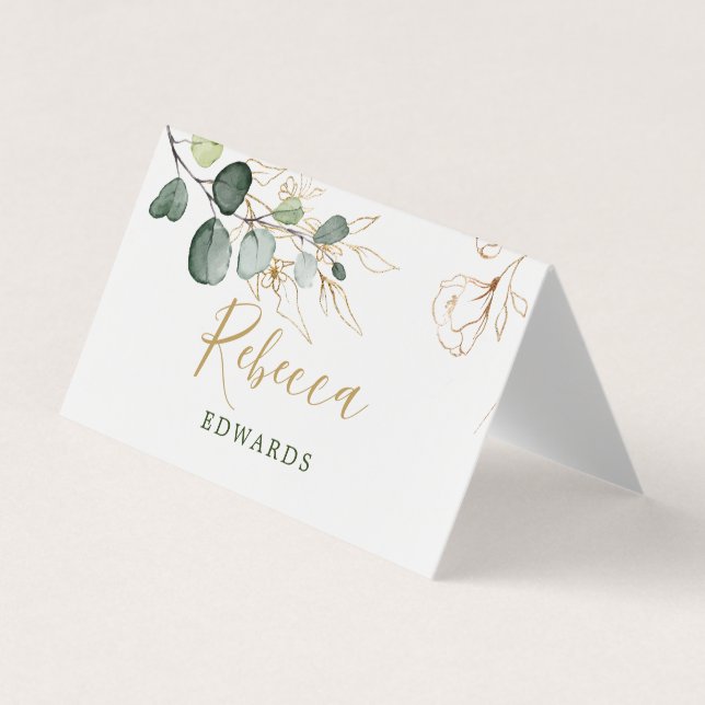 Watercolor Greenery, Gold Floral Place card (Front)