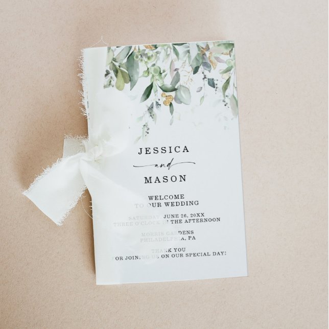 Watercolor Greenery Gold Folded Wedding Program (Creator Uploaded)