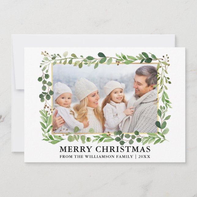 Watercolor Greenery Gold Frame Photo Christmas Holiday Card (Front)