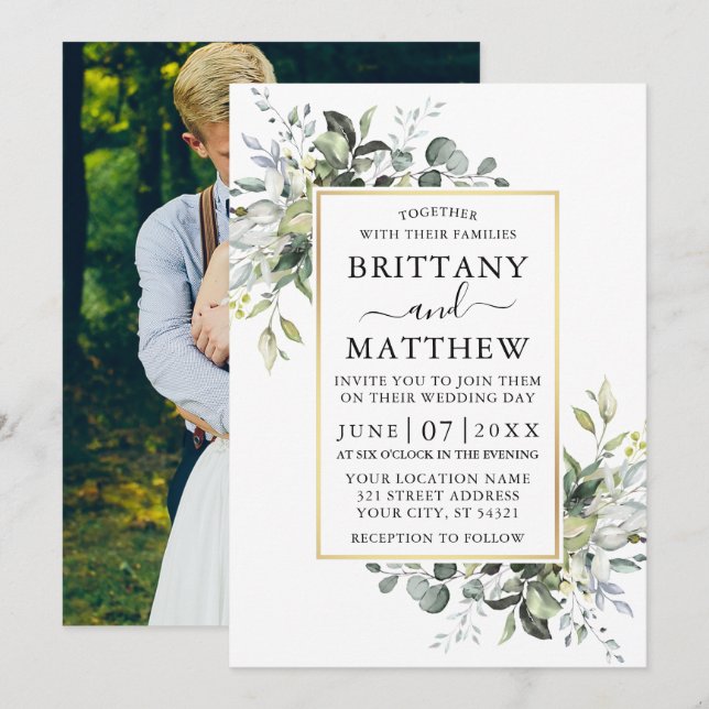 Watercolor Greenery Gold Frame Photo Wedding Invitation (Front/Back)