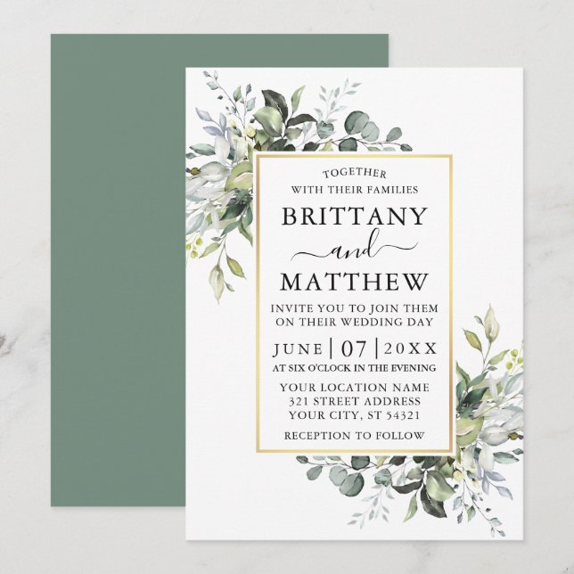Watercolor Greenery Gold Frame Sage Green Wedding Invitation (Front/Back)