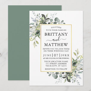 Watercolor Greenery Gold Frame Sage Green Wedding Invitation