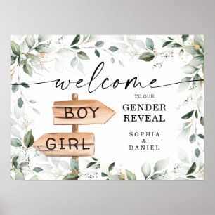 Watercolor Greenery Gold Gender Reveal Welcome Poster