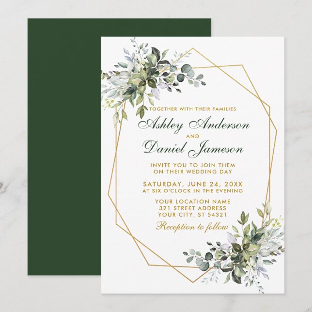 Watercolor Greenery Gold Geo Frame Wedding Invitation (Front/Back)
